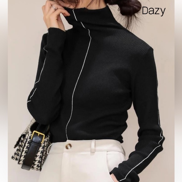Sporty black soft knit turtleneck with white contrast piping stripe long sleeve - Picture 1 of 8